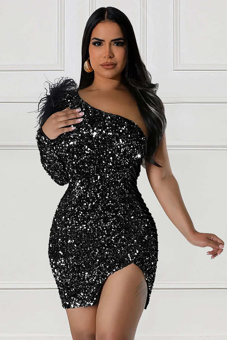 Sequins One-Shoulder Long Sleeve Feather Decor Bodycon Slit Party Mini Dresses-Black