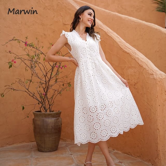 Marwin Long Simple Casual Solid Hollow Out Pure Cotton Holiday Style High Waist Fashion Mid-Calf Summer Dresses NEW Vestidos - BlackFridayBuys