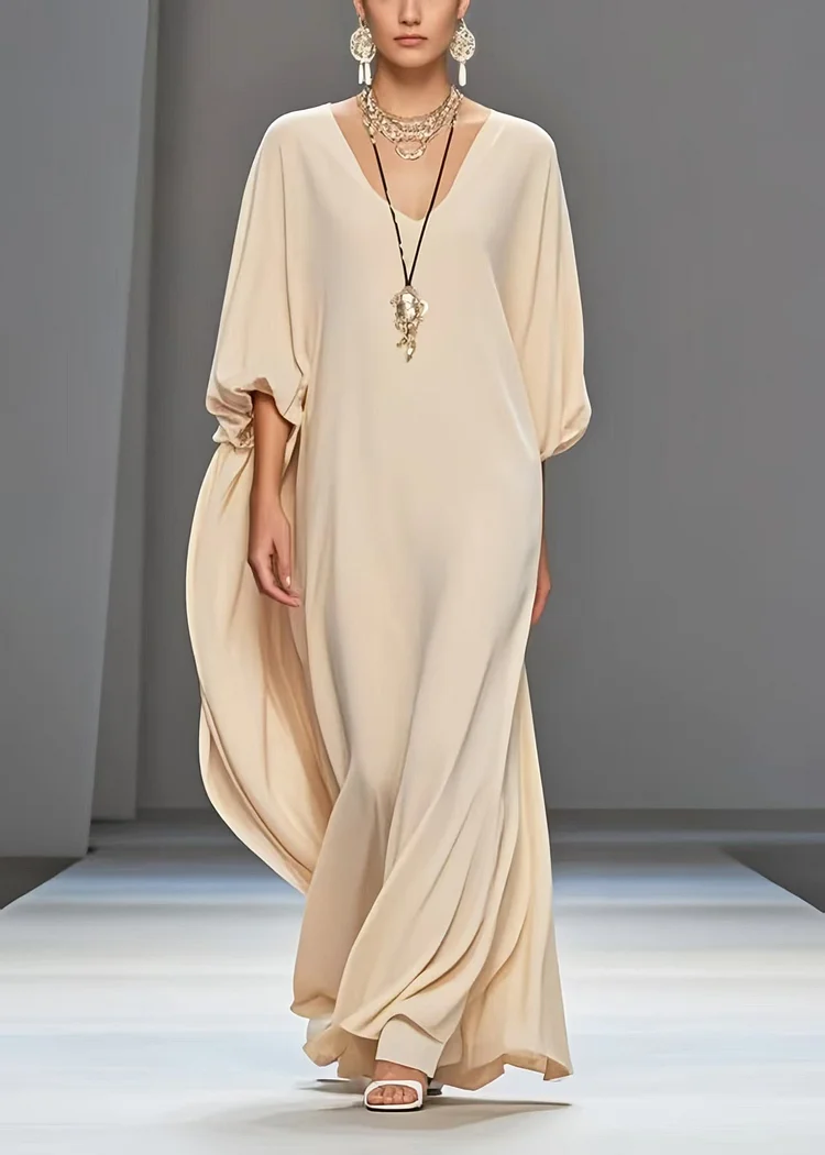 Art Apricot Oversized Draping Chiffon Dress Lantern Sleeve Summer