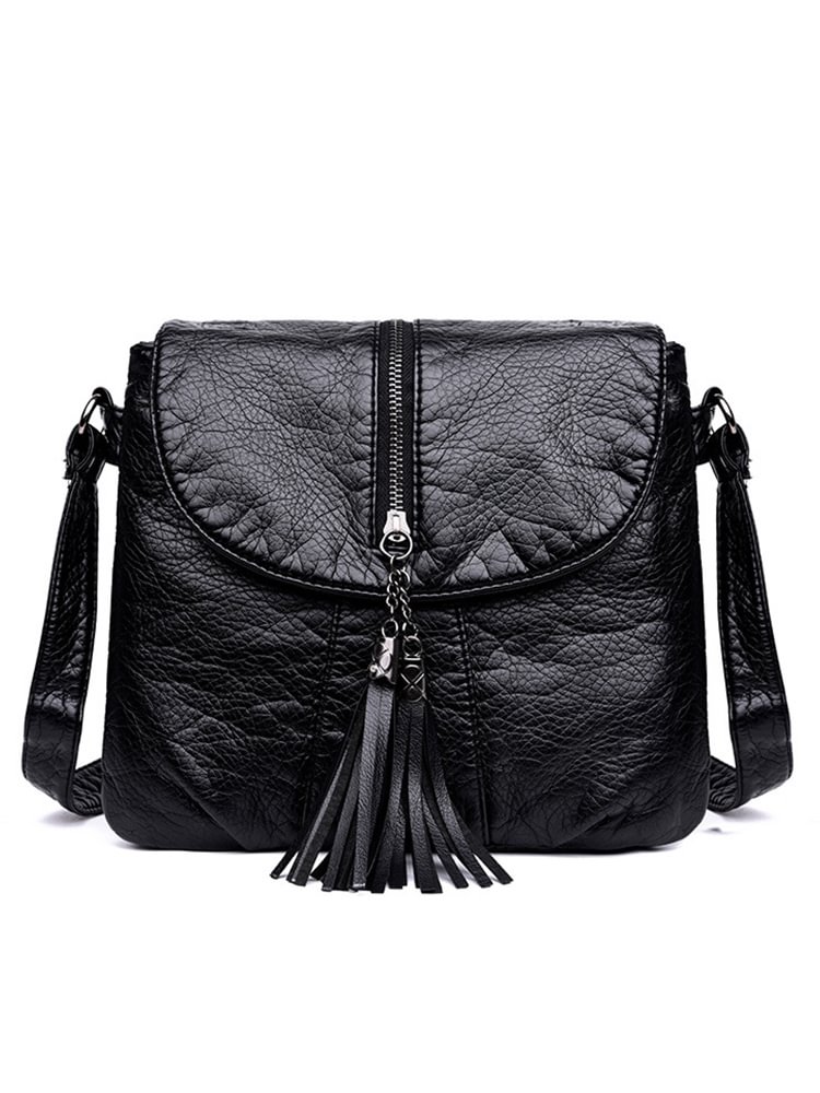 Comstylish Tassels Zipper Flap Portable Crossbody Bag