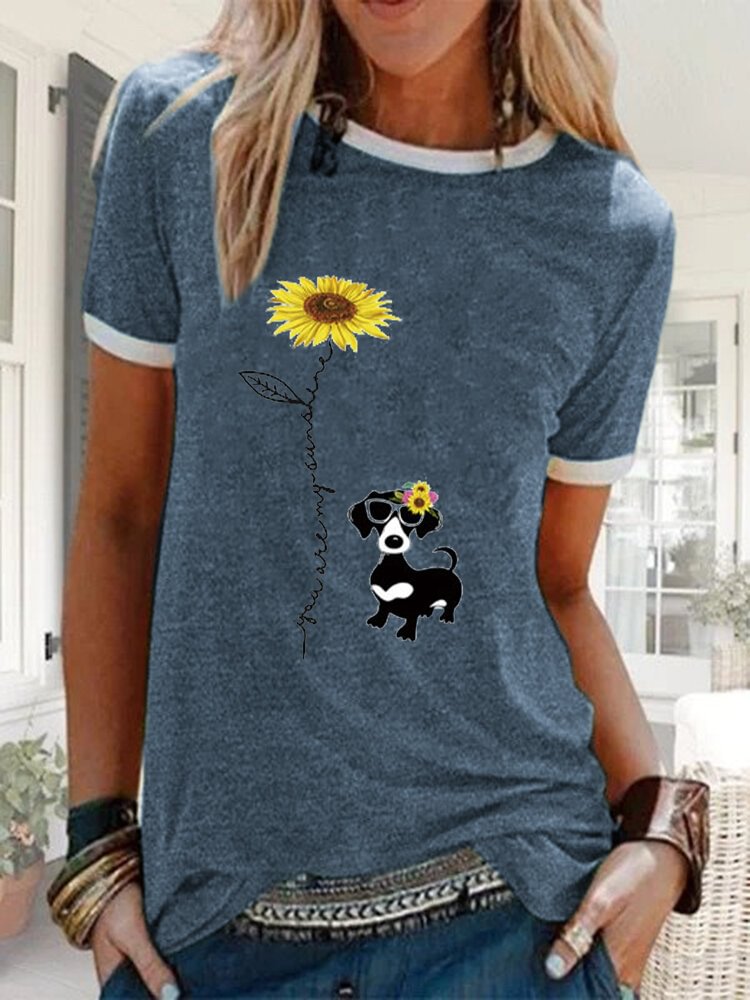 Cartoon Floral Dog Printed O neck Short Sleeve T shirt P1671249