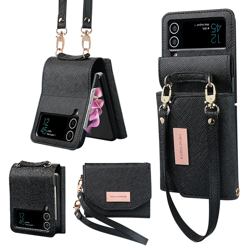 Portable Wallet Leather Phone Case With Lanyard And 4 Cards Slot For Galaxy Z Flip3/Z Flip4/Z Flip5