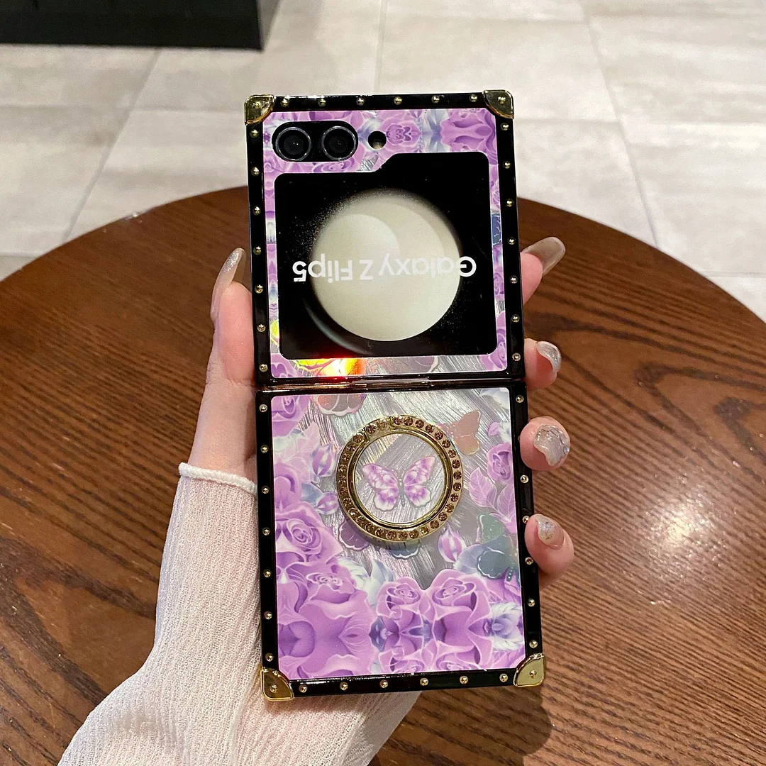 Innovative Laser Anti-fall Rose Flower Punk Rivet Phone Case With Kickstand For Galaxy Z Flip3/Z Flip4/Z Flip5