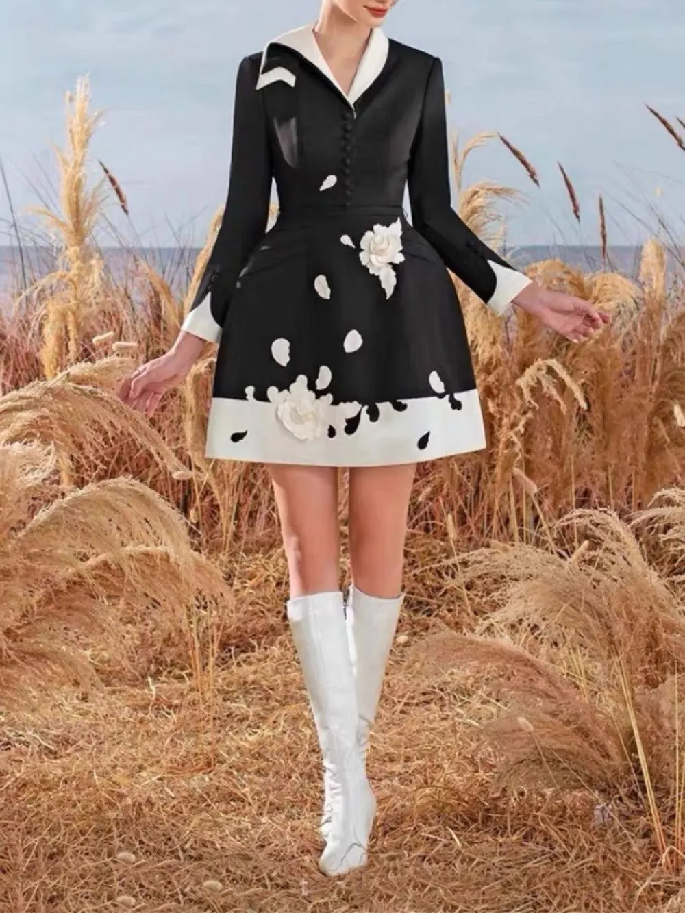 Flowering Girl Women Mairi Black Flower Long Sleeve Mini Dress