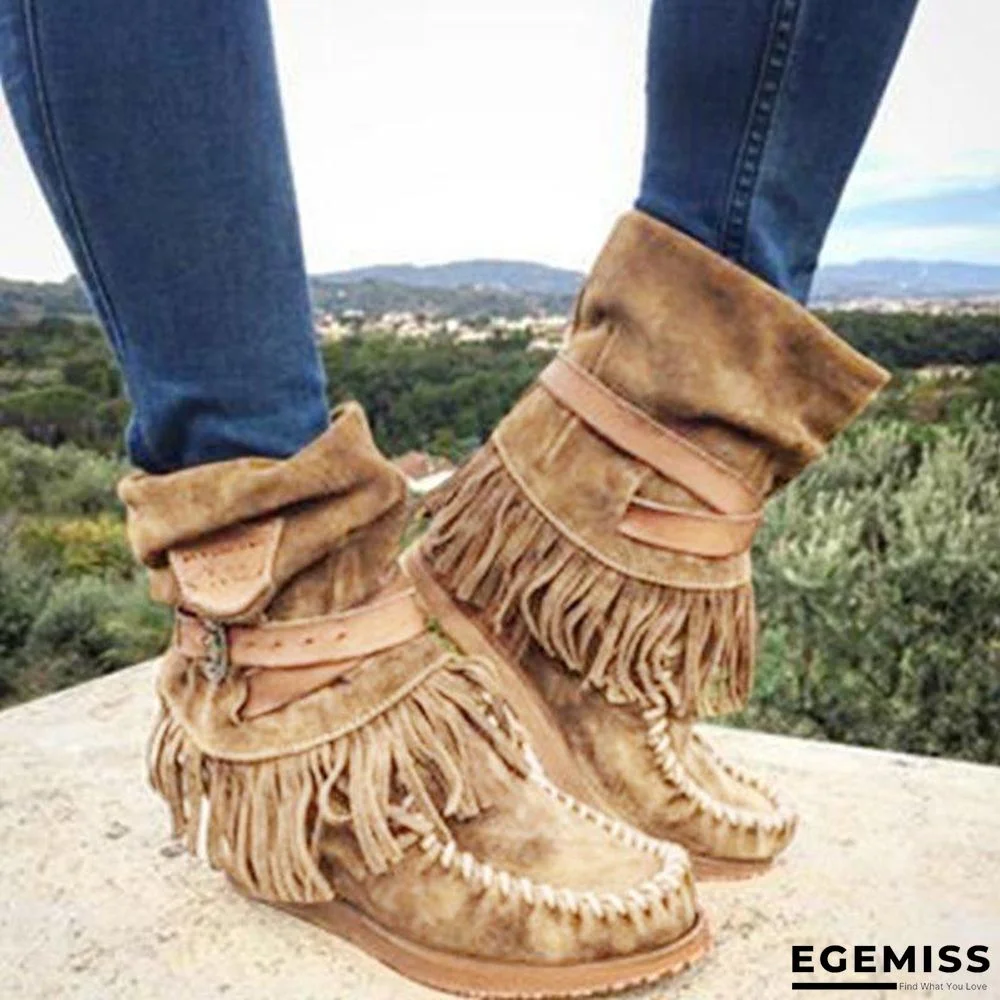 Women's Fringe Round Toe Retro Boots | EGEMISS