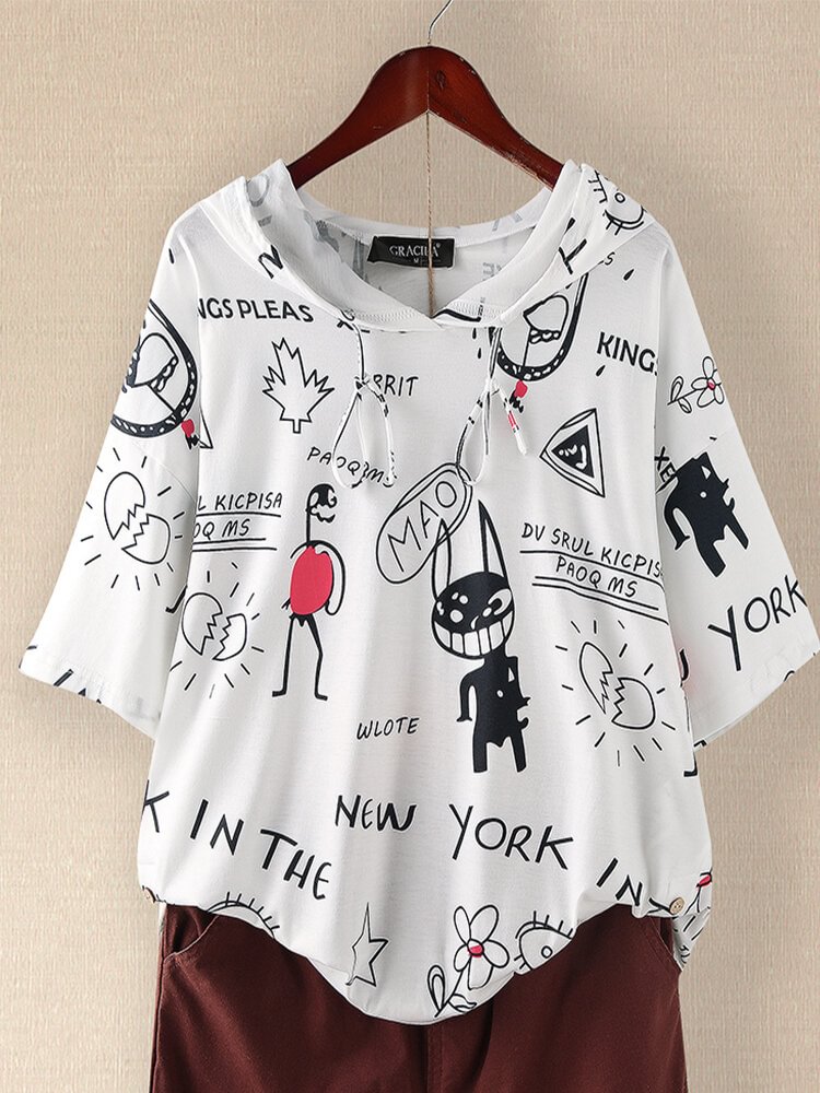 Fun Graffiti Print Hooded Short Sleeve Casual Shirt P1683531