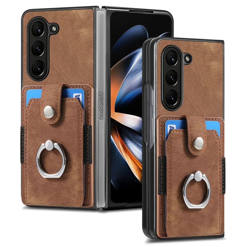 Luxury Retro Leather Phone Case With Elastic Card Wallet,Rotating Ring Kickstand For Galaxy Z Fold3/Z Fold4/Z Fold5