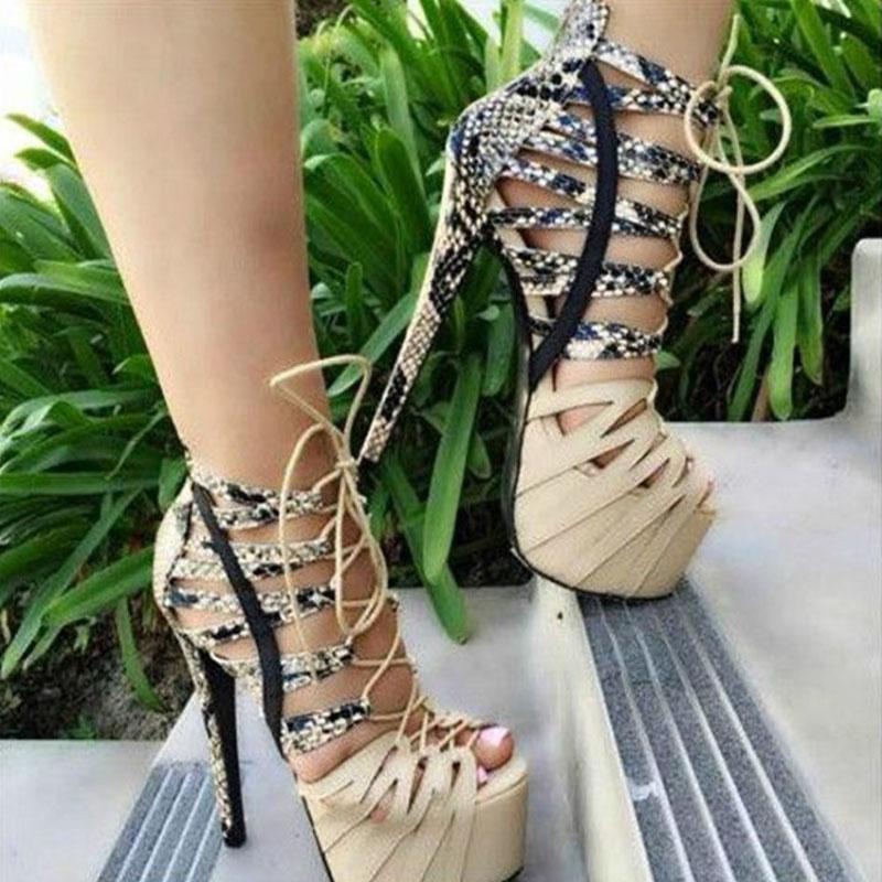 VCSHOES Peep Toe Snakeskin Platform Cutout Strap High Heel Sandals