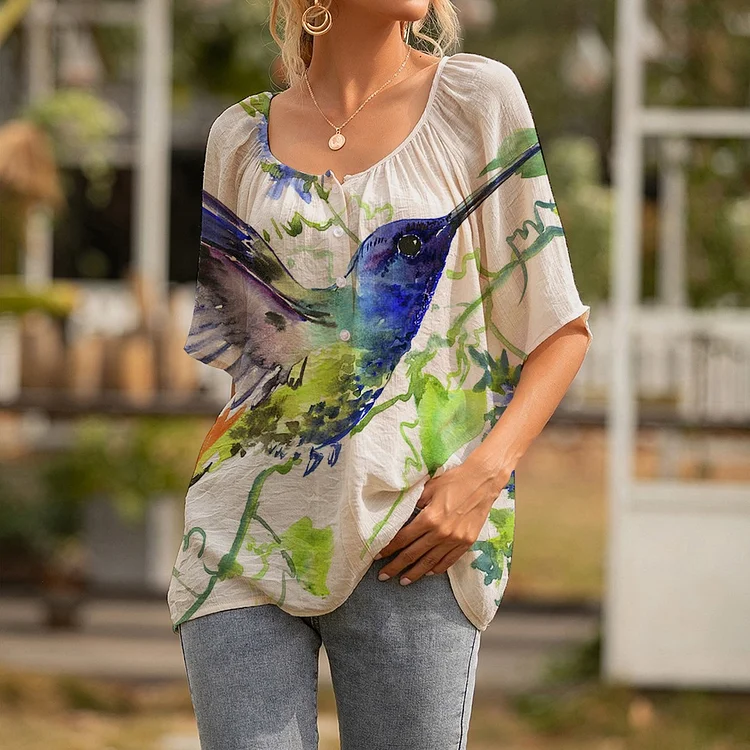 Casual Vintage Hummingbird Print Shirt