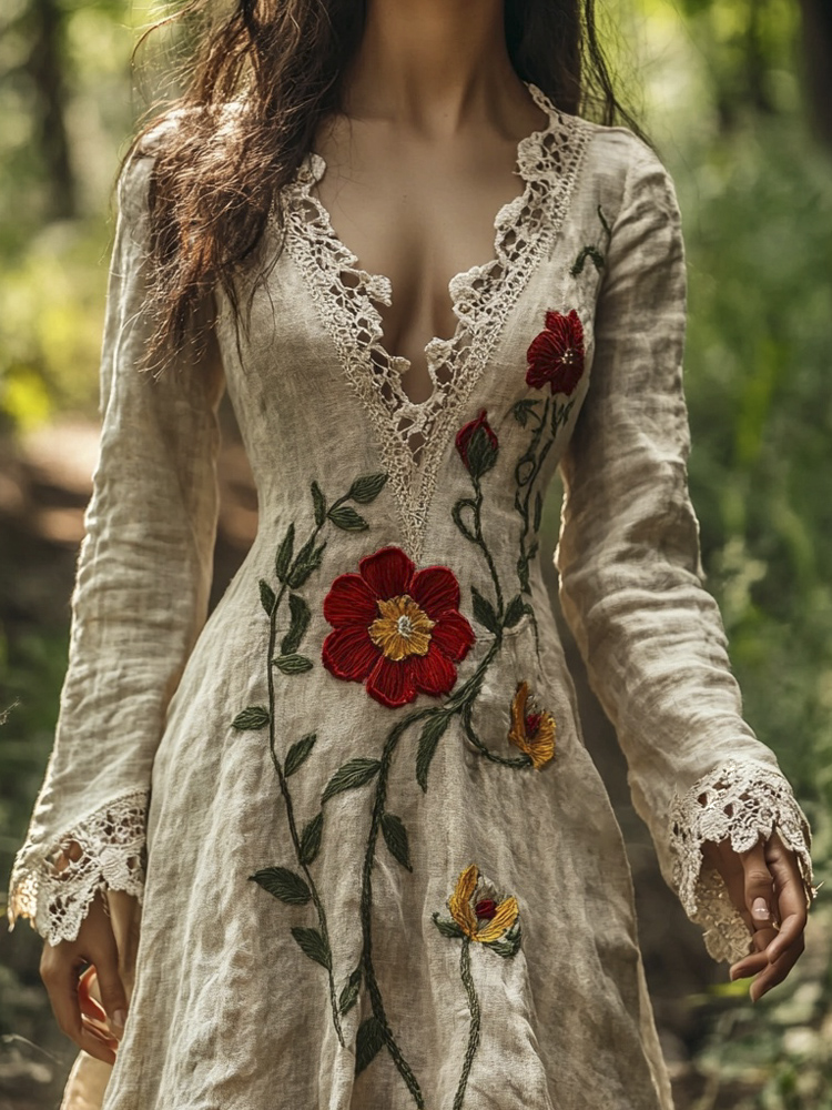 Boho Embroidered Lantern Sleeves Maxi Dress