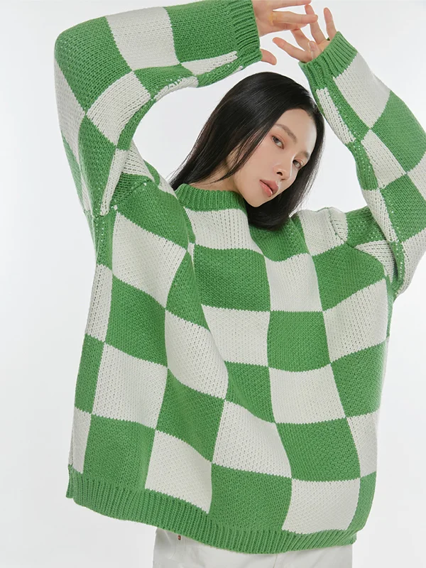 Loose Color Block Plaid Round Neck Knitted Sweater