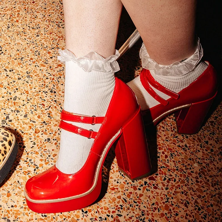 Red Square Toe Platform Pumps Women's Chunky Heel Mary Jane Shoes |FSJ Shoes