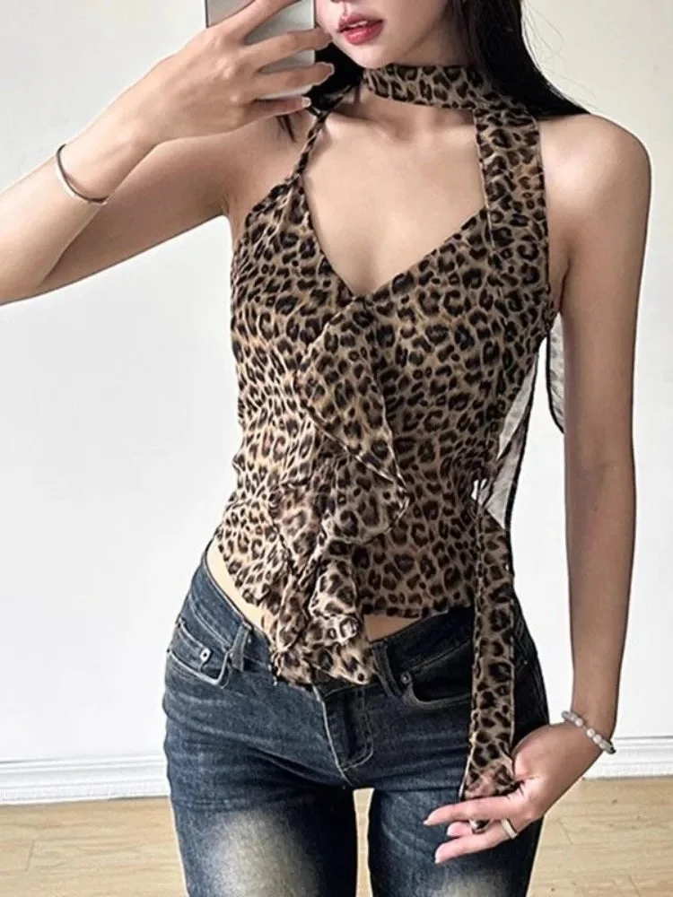 Tlbang Leopard Print Tanks Streetwear Irregular Ruffled Women Backless Camisole 2024 Summer Grunge Sexy Y2k Aesthetic Crop Top