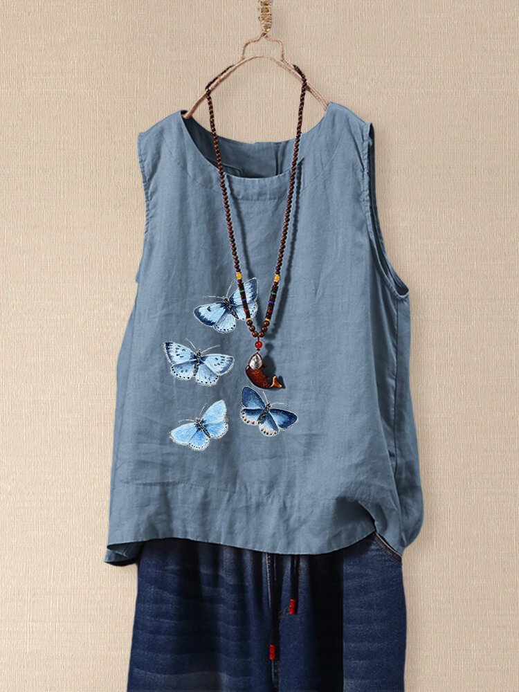 Butterflies Print O neck Loose Sleeveless Tank Top For Women P1682629