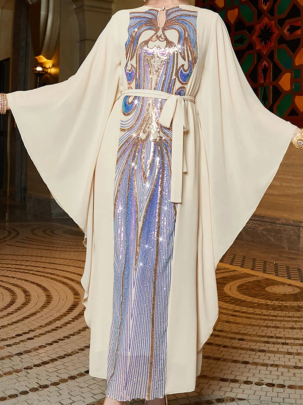 Batwing Sleeves Roomy Hollow Sequined Split-Joint Tied Waist Round-Neck Maxi Dresses