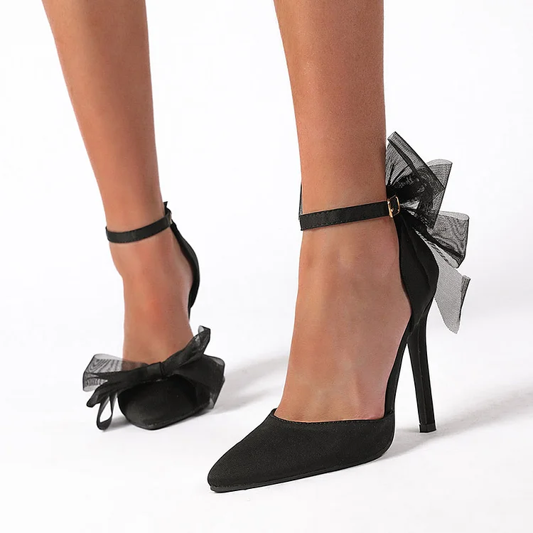 Black Mesh Bow Heels Pointed Toe Ankle Strap Satin Pumps Shoes |FSJ Shoes