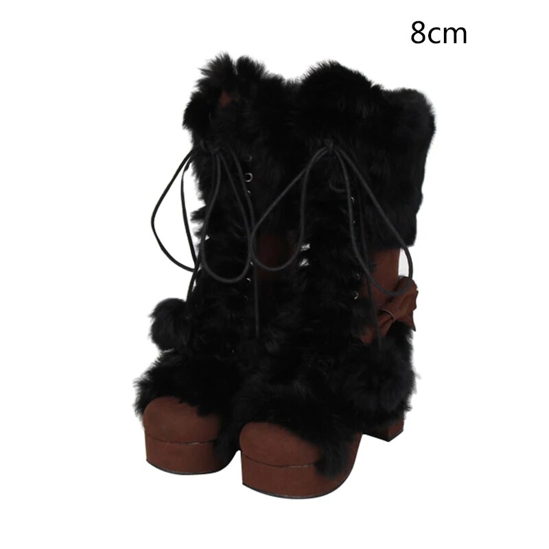 VCshoes Mori Girl Women Boots Lady Lolita Ankle Boots Woman Princess High Heels Shoes Real Rabbit Hair 8009