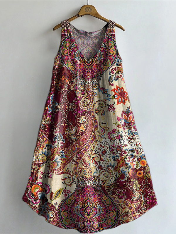 Women's Vintage Print V-Neck Button Pocket Cotton Dress