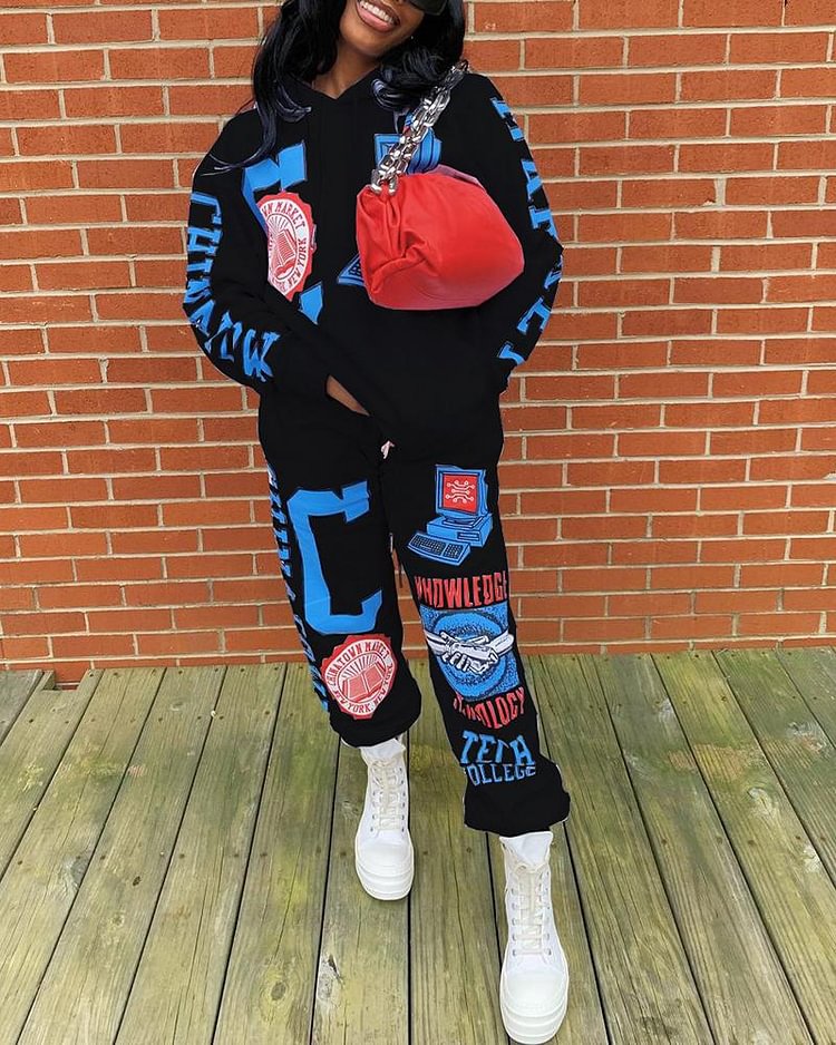Letter & Graphic Print Kangaroo Pocket Hoodie & Pants - Shop Trendy Women's Clothing | LoverChic