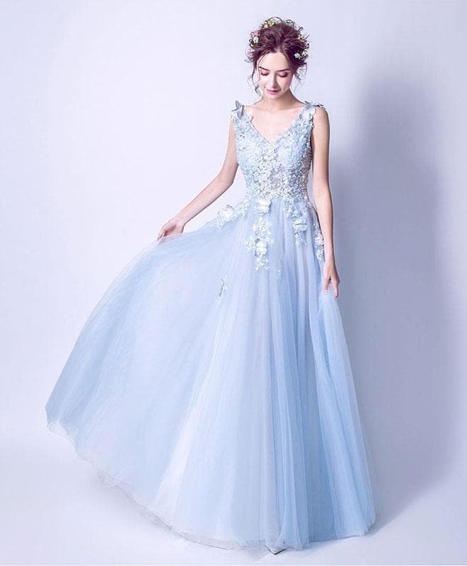 Blue V Neck Lace Tulle Long Prom Dress, Lace Evening Dress