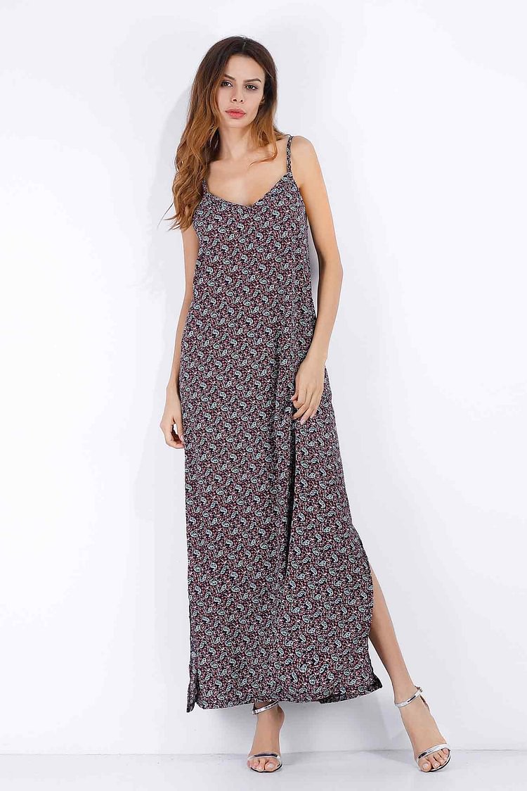 Floral V Neck Backless Slit Maxi Chiffon Dress - Shop Trendy Women's Clothing | LoverChic