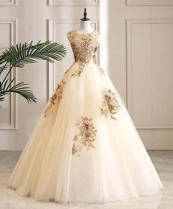 Champagne Tulle Lace Long Prom Dress Champagne Evening Dress A006