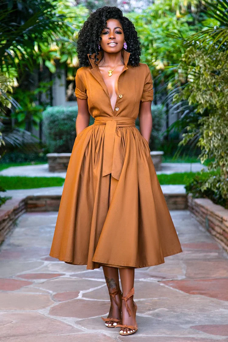 Long Sleeve Casual Dresses Midi Shirt Dress
