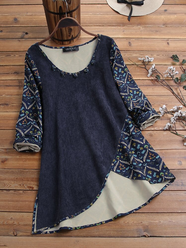 Corduroy Frog Button Ethnic Print Patchwork Long Sleeve Vintage Blouse P1596538