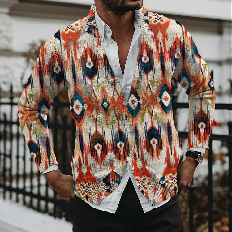 Men's Casual Simple Ethnic Printed Knitted Button Cardigan
