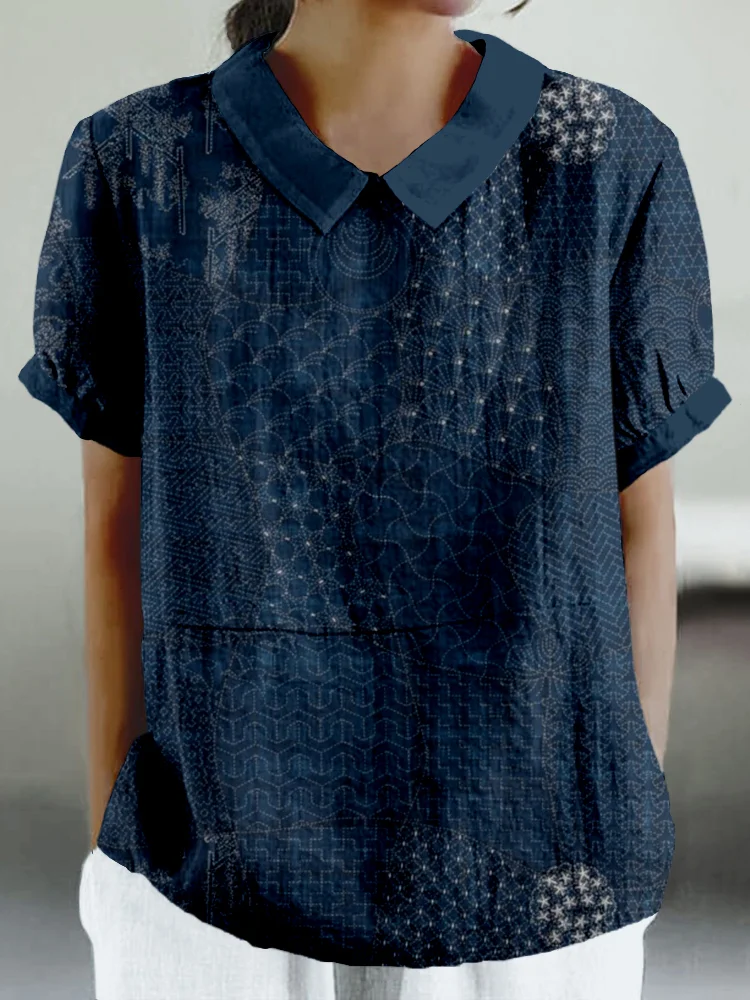 Comstylish Japanese Traditional Sashiko Art Linen Blend Comfy Shirt