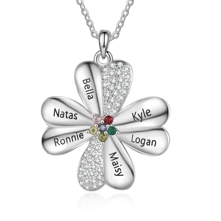 Personalized Four-Leaf Clover Necklace Custom 6 Names & Birthstones