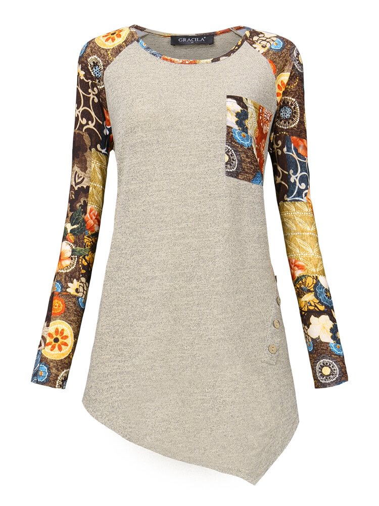 Side Button Floral Print Patchwork Long Sleeve Blouse P1627418