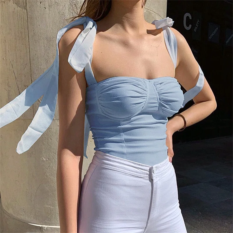 Abebey Women Lace Up Bow Tank Tops Vintage Blue Crop Top Solid Color Sleeveless Summer Tops Slim Casual Tanks For  Lady Clothes
