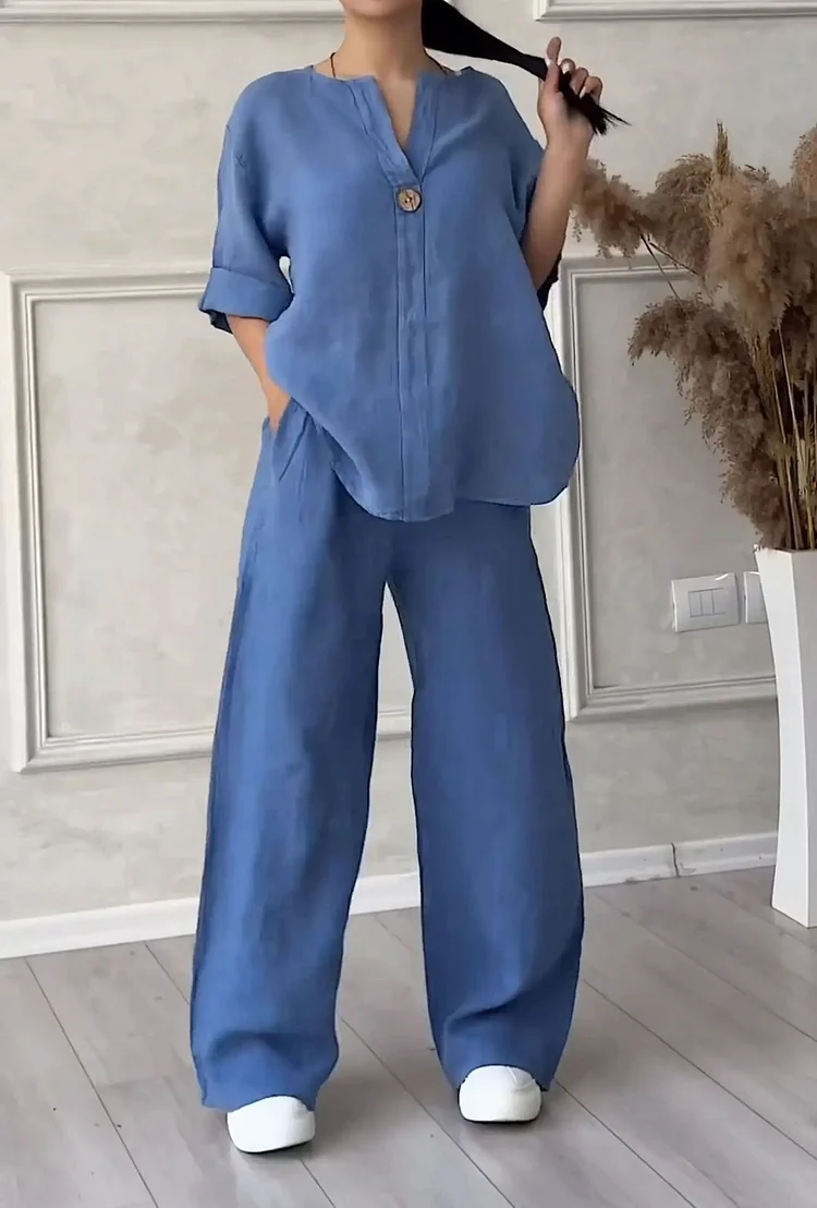 Women's 2-piece set Large size cotton and linen shirt suit High waist loose trousers socialshop