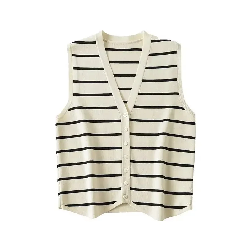 Tlbang 2024 Women Fashion Single Breasted Striped Tank Top Sexy Sleeveless Ladies Summer Crop Top