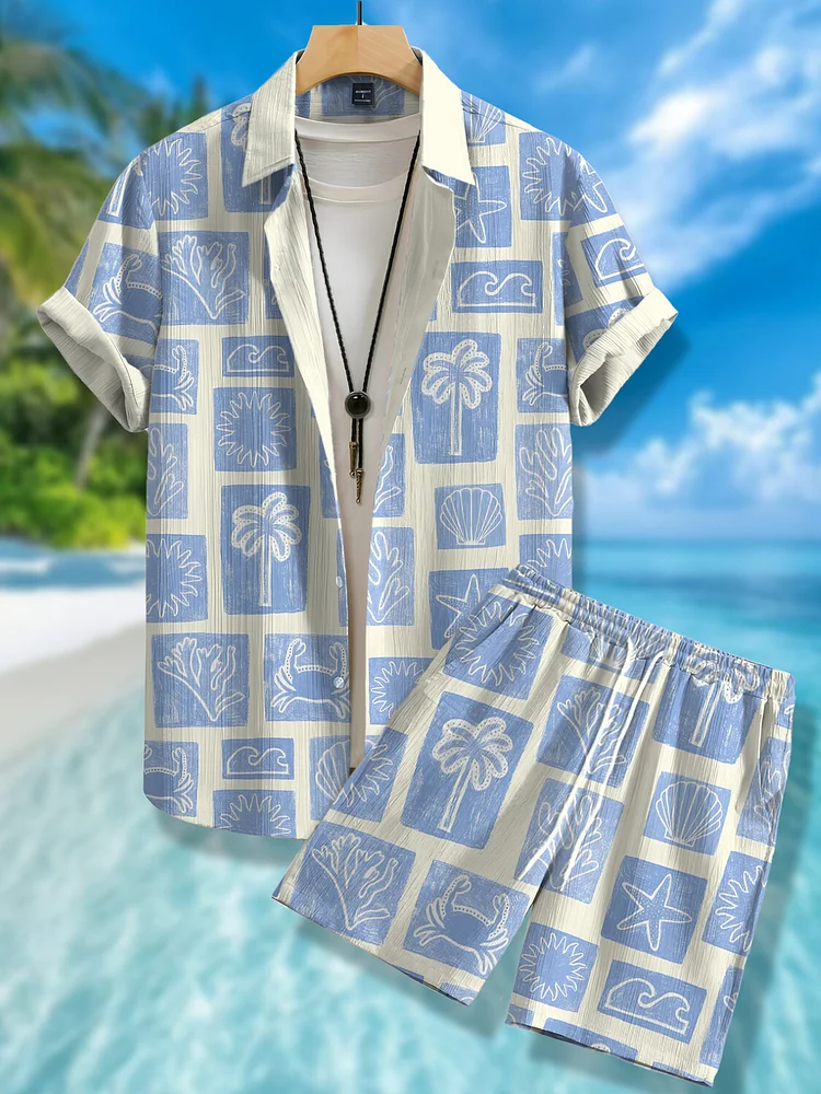 Men's Vacation Tropical Plants Marine Animals Print Short Sleeve Shirt Set