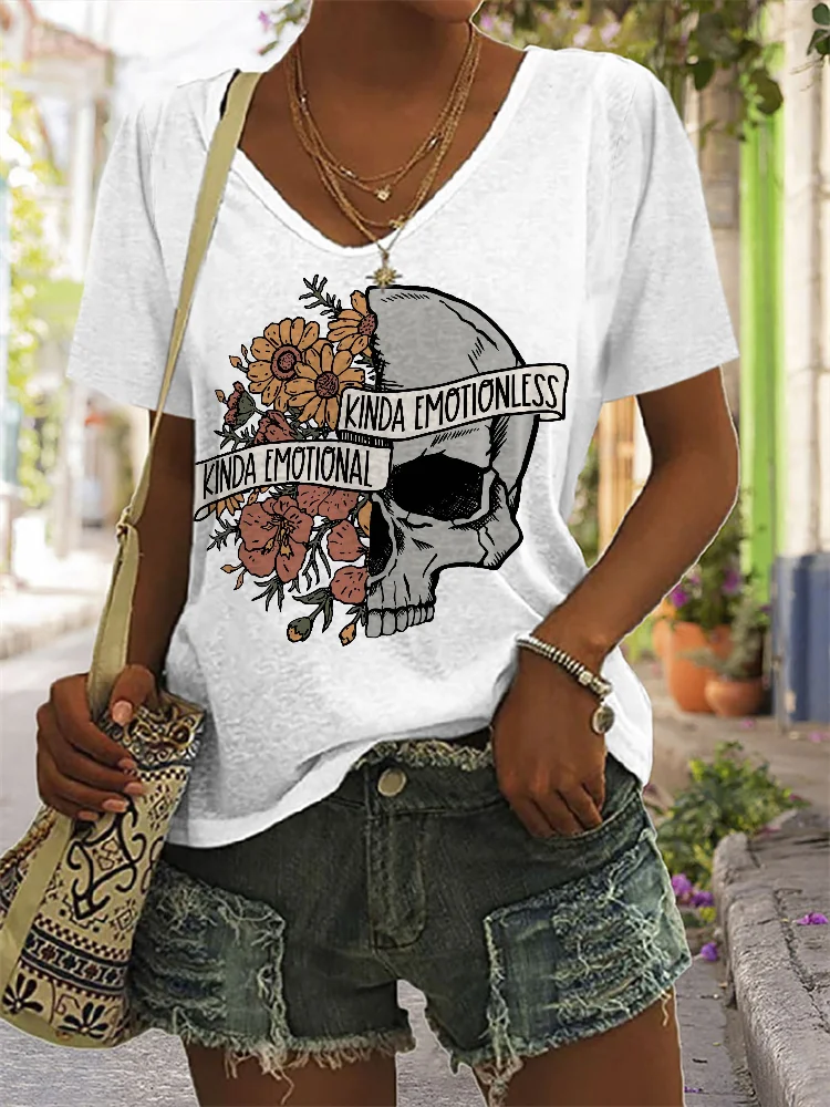 Vefave Kinda Emotional Kinda Emotionless Floral Skull T Shirt