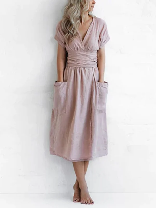 V-Neck Cottagecore Belt High Waist Comfy Casual Short Sleeve Maxi A Line Dress