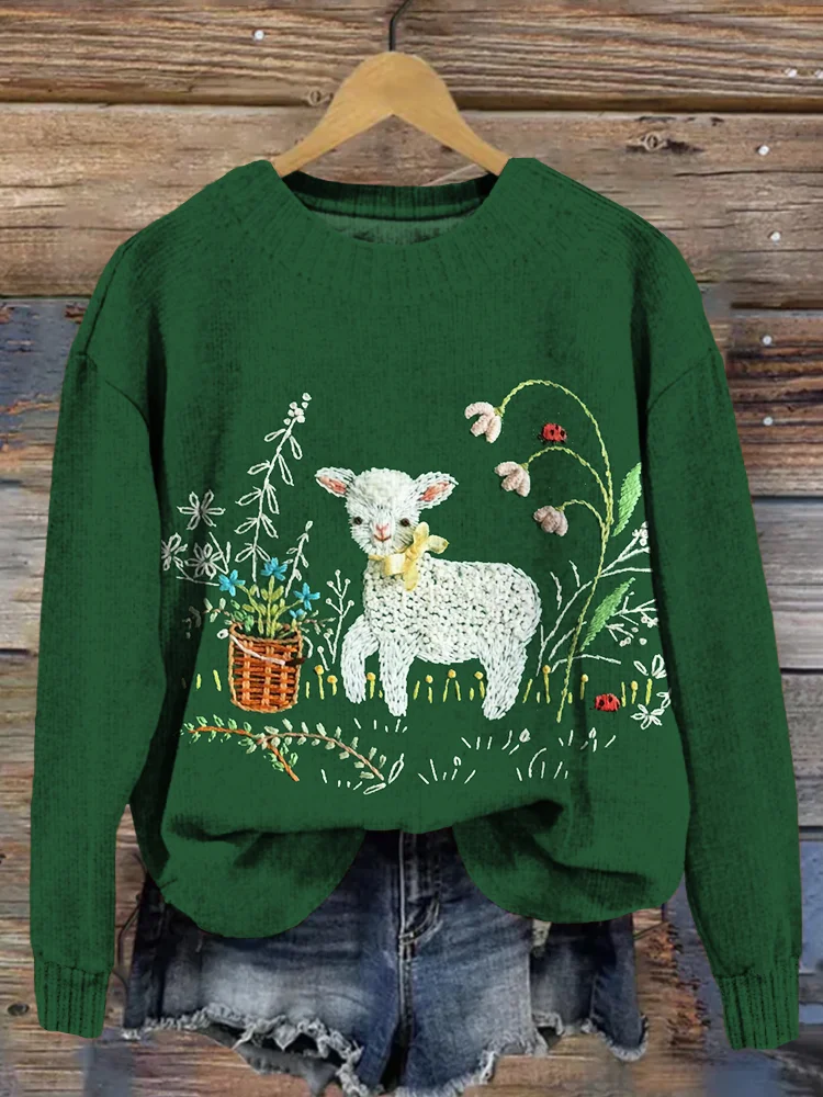 Cute Little Lamb Embroidered Cozy Knit Sweater