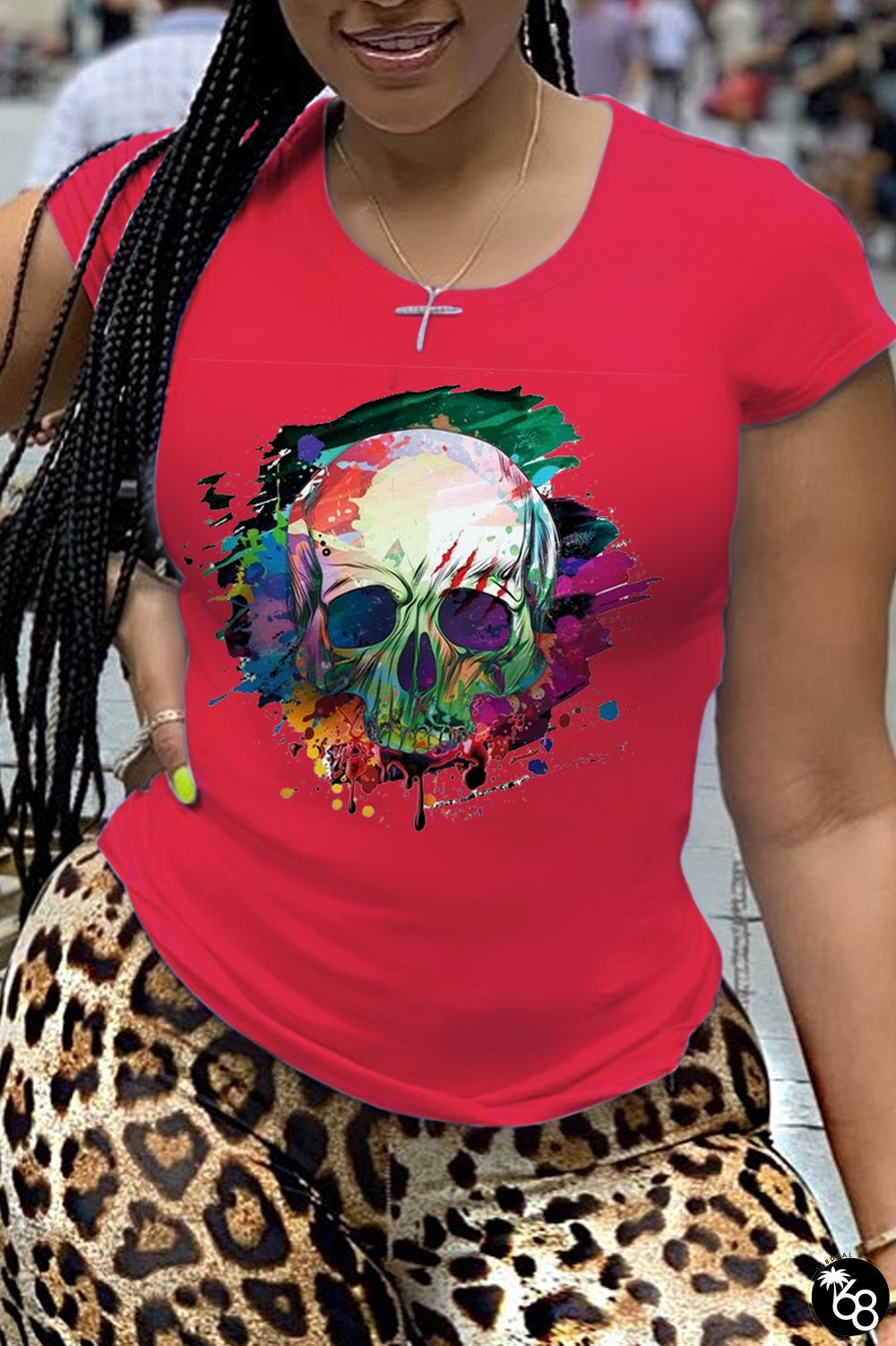 Red Street Pierced Patchwork O Neck T-Shirts | 168DEAL