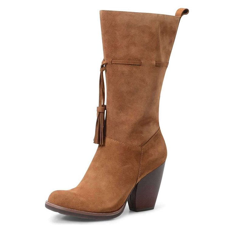 Brown Suede Boots Tassel Chunky Heel Mid Calf Boots |FSJ Shoes