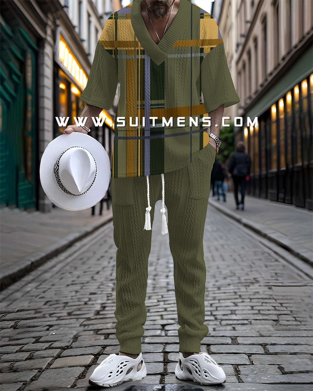 Men's V-Neck Luxurious Colorblock Textured Print Trouser Set 017