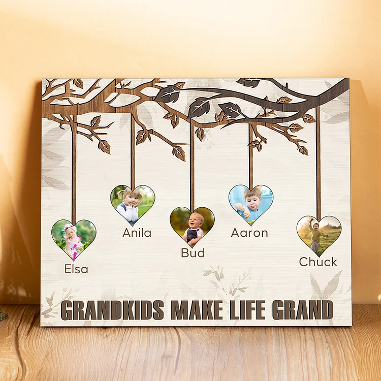 Personalized Family Tree Wall Art Frame Custom 5 Names 5 Photos Wood Panel Painting Wooden Gift for Family 