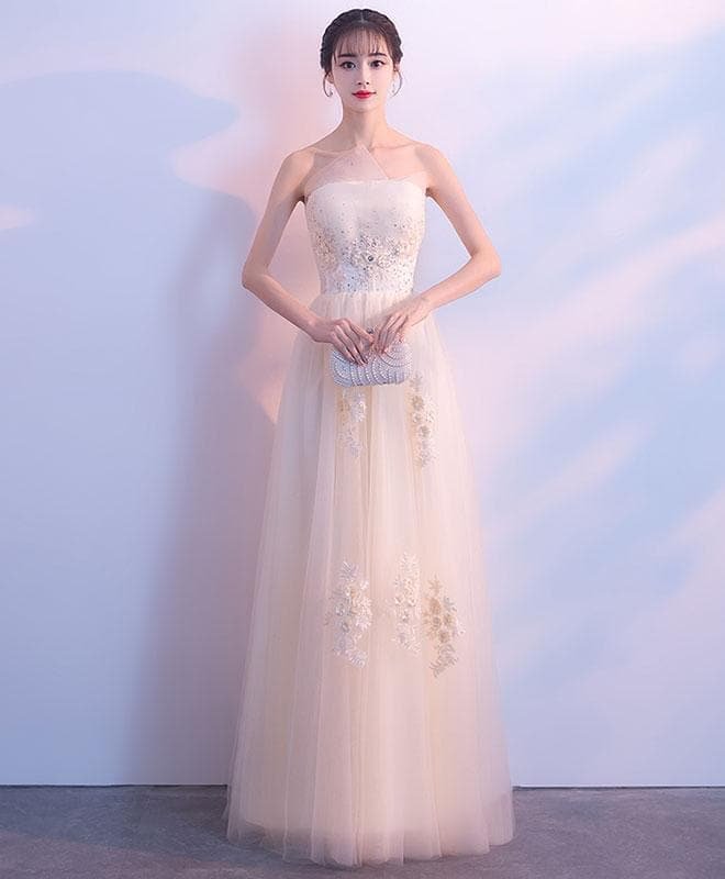 Champagne Lace Tulle Long Prom Dress, Champagne Evening Dress