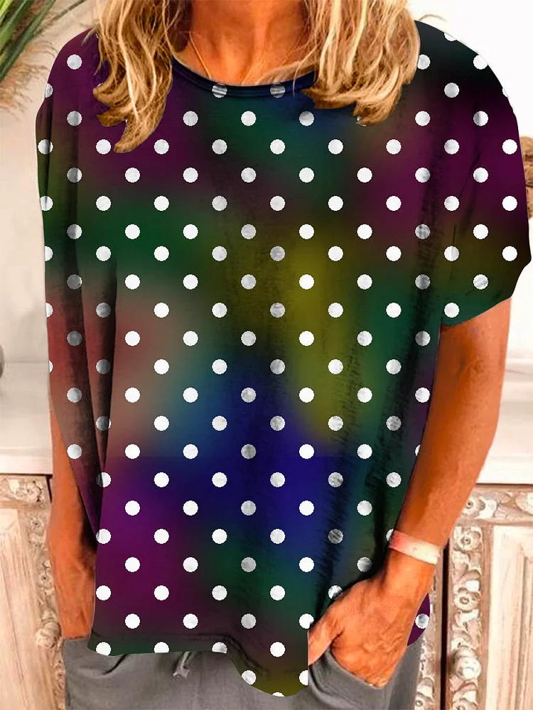 Bestdealfriday Polka Dot Round Neck Short Sleeve Loose Tee