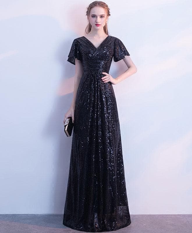 Black Sequins V Neck Long Prom Dress, Black Evening Dress