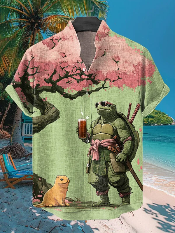 Men's The Turtle Warrior Drinks Tea Under The Tree Art Print Casual Shirt