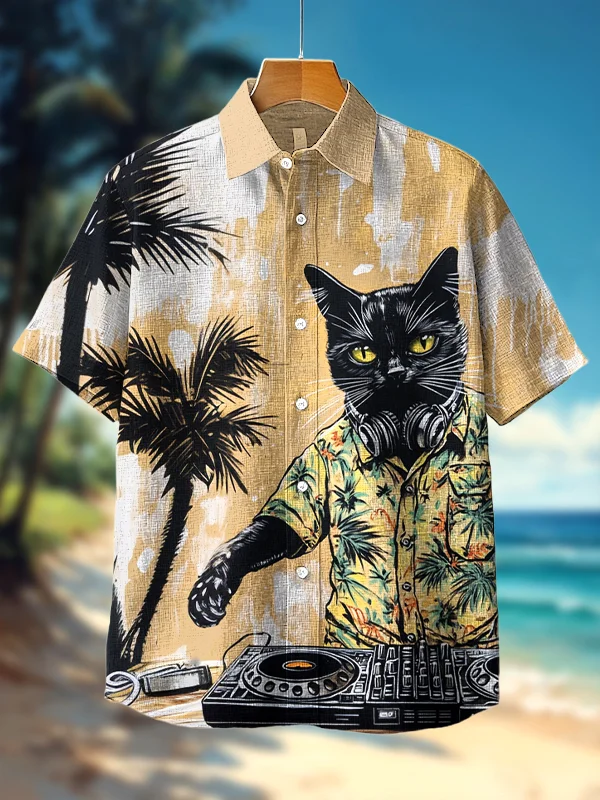 Men's Black Cat DJ Holiday Art Print Casual Shirt