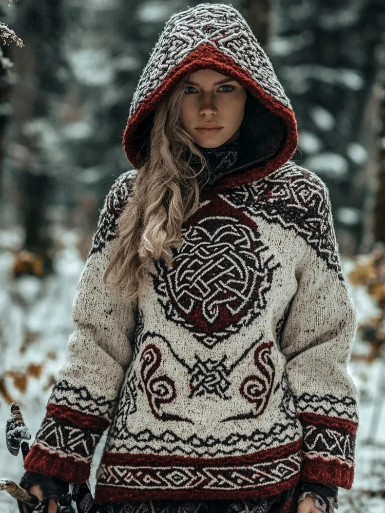 Viking Inspired Embroidered Cozy Chunky Hooded Sweater