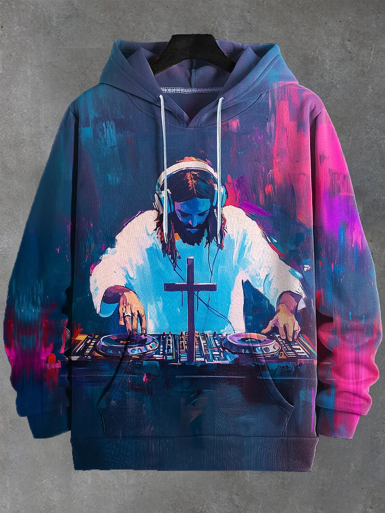 Men's Jesus DJ Cross Watercolor Painting Print Hooded Sweatshirt